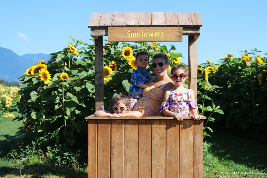 Mom and kids posing in the Sunflower booth