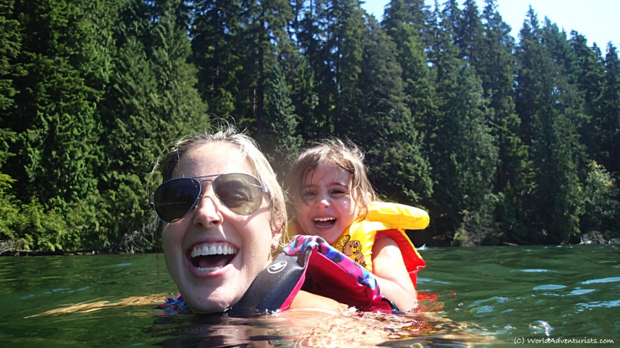 Mom and daughter swimming at sasamat lake