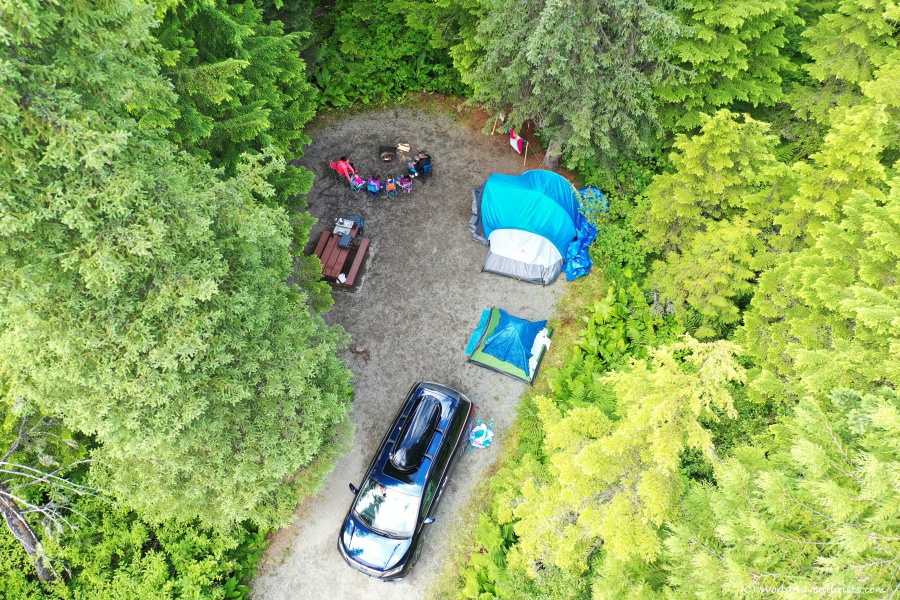 Campsite aerial in Birkenhead Lake in Pemberton, BC