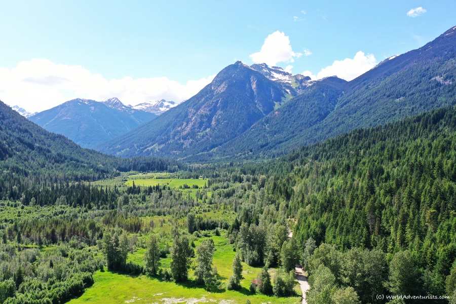Aerial views along the dirt road on the way to Birkenhead Lake in Pemberton, BC