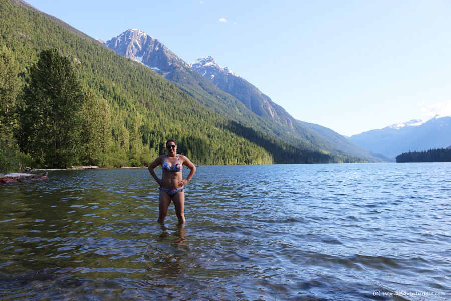 Lady swimming at Birkenhead Lake in Pemberton, BC
